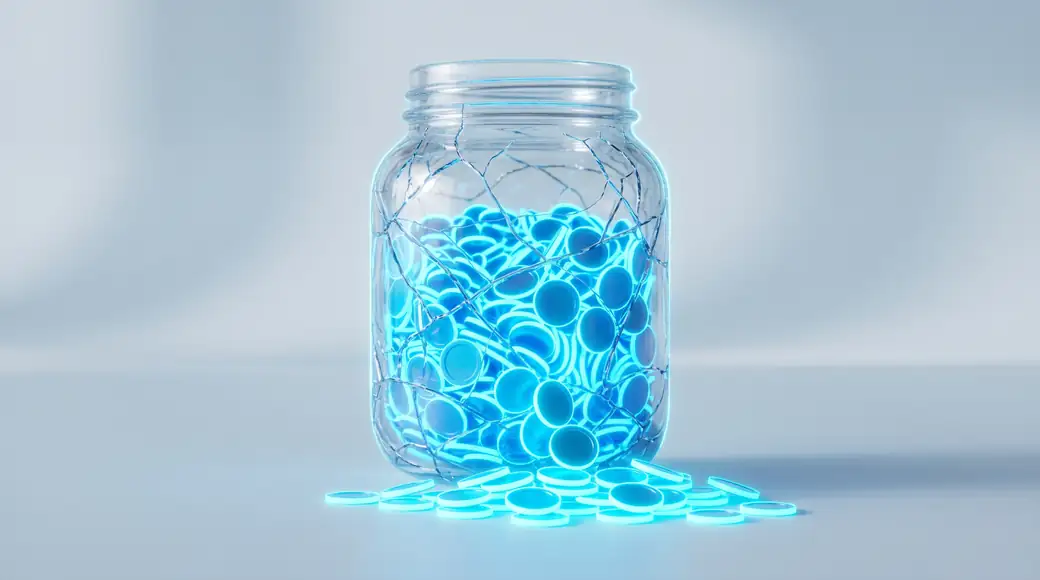 A cracked glass jar leaking glowing coins